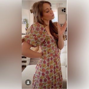 Mink Pink Yasamin Printed Puff-Sleeve Open-Back Tiered Midi Dress